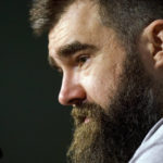 
              Philadelphia Eagles center Jason Kelce talks to the media before an NFL football workout, Thursday, Jan. 26, 2023, in Philadelphia. The Eagles are scheduled to play the San Francisco 49ers Sunday in the NFC championship game.(AP Photo/Chris Szagola)
            