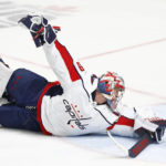 
              Washington Capitals goaltender Charlie Lindgren (79) sprawls out for a save during the third period of an NHL hockey game against the Buffalo Sabres, Sunday, Feb. 26, 2023, in Buffalo, N.Y. (AP Photo/Jeffrey T. Barnes)
            