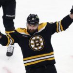 
              Boston Bruins' Nick Foligno (17) celebrates after his goal during the first period of an NHL hockey game against the New York Islanders, Saturday, Feb. 18, 2023, in Boston. (AP Photo/Michael Dwyer)
            