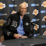 
              Kareem Abdul-Jabbar speaks during a news conference prior to an NBA basketball game between the Los Angeles Lakers and the Milwaukee Bucks Thursday, Feb. 9, 2023, in Los Angeles. (AP Photo/Mark J. Terrill)
            