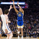 
              Golden State Warriors guard Jordan Poole (3) takes a 3-point shot against the Oklahoma City Thunder during the first half of an NBA basketball game in San Francisco, Monday, Feb. 6, 2023. (AP Photo/John Hefti)
            