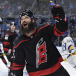 
              Carolina Hurricanes defenseman Brent Burns (8) celebrates after scoring against the Buffalo Sabres during the first period of an NHL hockey game in Buffalo, N.Y., Wednesday, Feb. 1, 2023. (AP Photo/Adrian Kraus)
            