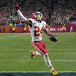 
              Kansas City Chiefs wide receiver Skyy Moore (24) celebrates his touchdown against the Philadelphia Eagles during the second half of the NFL Super Bowl 57 football game, Sunday, Feb. 12, 2023, in Glendale, Ariz. (AP Photo/Brynn Anderson)
            