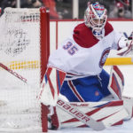 
              Montreal Canadiens goaltender Sam Montembeault (35) protects his net during the second period of an NHL hockey game against the New Jersey Devils Tuesday, Feb. 21, 2023, in Newark, N.J. (AP Photo/Frank Franklin II)
            