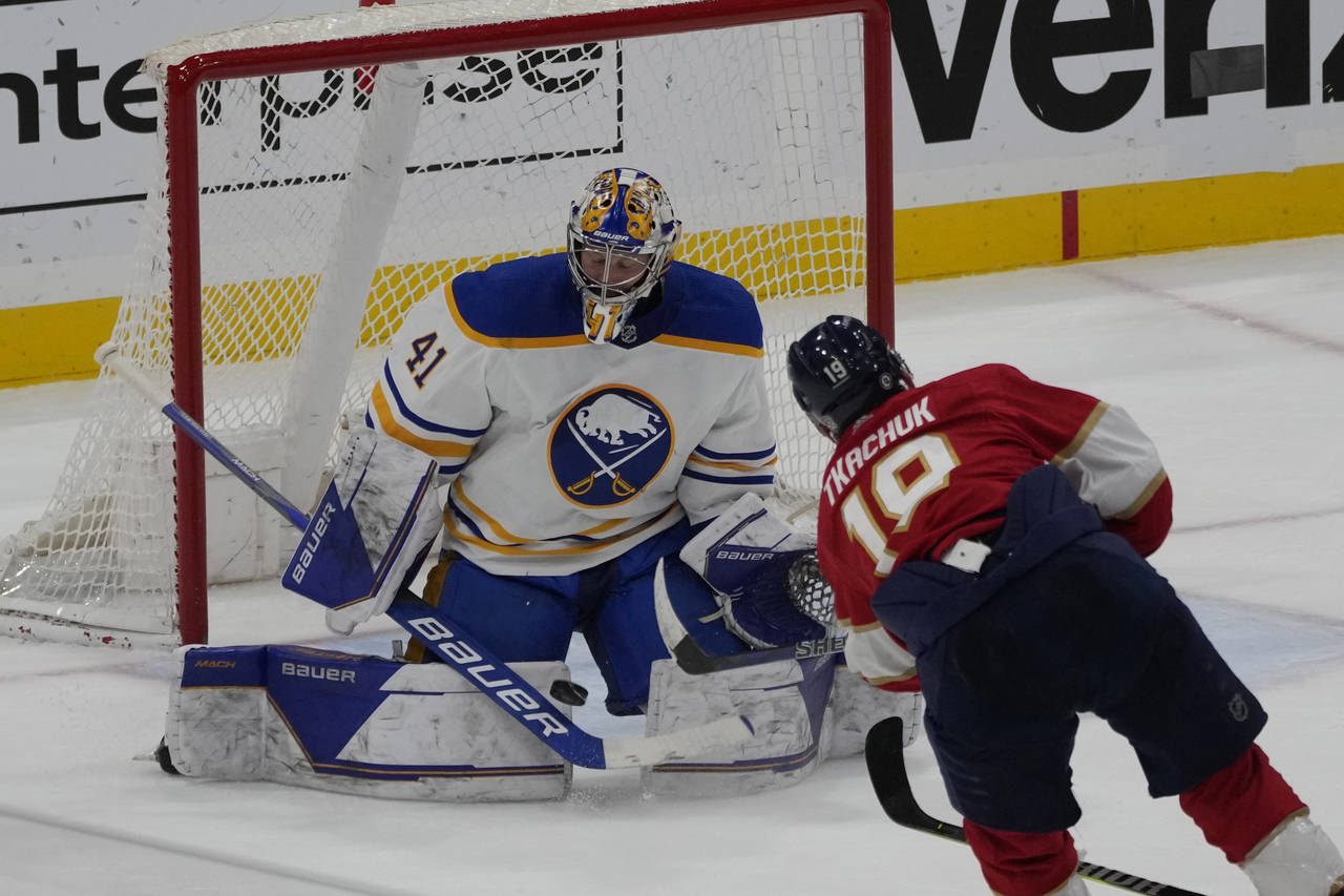 Buffalo Sabres goaltender Craig Anderson (41) stops a shot on goal by Florida Panthers left wing Ma...