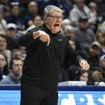 
              UConn coach Geno Auriemma gestures during the second half of the team's NCAA college basketball game against Creighton, Wednesday, Feb. 15, 2023, in Storrs, Conn. (AP Photo/Jessica Hill)
            