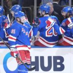 
              New York Rangers' Vladimir Tarasenko (91) celebrates with teammates after scoring during the first period of an NHL hockey game against the Seattle Kraken, Friday, Feb. 10, 2023, in New York. (AP Photo/Frank Franklin II)
            