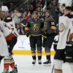 
              Vegas Golden Knights center Brett Howden (21) celebrates after scoring against the Anaheim Ducks during the second period of an NHL hockey game Sunday, Feb. 12, 2023, in Las Vegas. (AP Photo/John Locher)
            