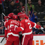 
              Detroit Red Wings players celebrate a goal by Robert Hagg (38) during the first period of an NHL hockey game against the Washington Capitals, Tuesday, Feb. 21, 2023, in Washington. (AP Photo/Julio Cortez)
            