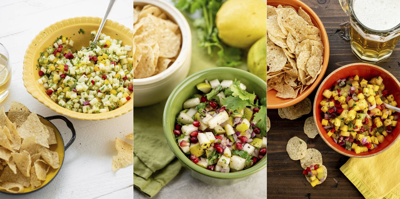 This combination of photos show salsa recipes, from left, pineapple mint jalapeno, spice pear and c...