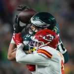 
              Philadelphia Eagles tight end Dallas Goedert (88) catches a pass as Kansas City Chiefs safety Bryan Cook (6) defends during the second half of the NFL Super Bowl 57 football game, Sunday, Feb. 12, 2023, in Glendale, Ariz. (AP Photo/Matt Slocum)
            