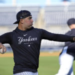 
              New York Yankees catcher Jose Trevino throws during a spring training baseball workout Saturday, Feb. 18, 2023, in Tampa, Fla. (AP Photo/David J. Phillip)
            