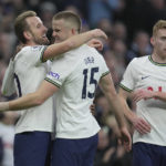 
              Tottenham's Harry Kane, left, celebrates with Tottenham's Eric Dier after scoring the opening goal during an English Premier League soccer match between Tottenham Hotspur and Manchester City at the Tottenham Hotspur Stadium in London, Sunday, Feb. 5, 2023. (AP Photo/Kin Cheung)
            