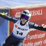 
              Norway's Ragnhild Mowinckel celebrates at the finish area of an alpine ski World Championships giant slalom, in Meribel, France, Thursday, Feb. 16, 2023. (AP Photo/Marco Trovati)
            