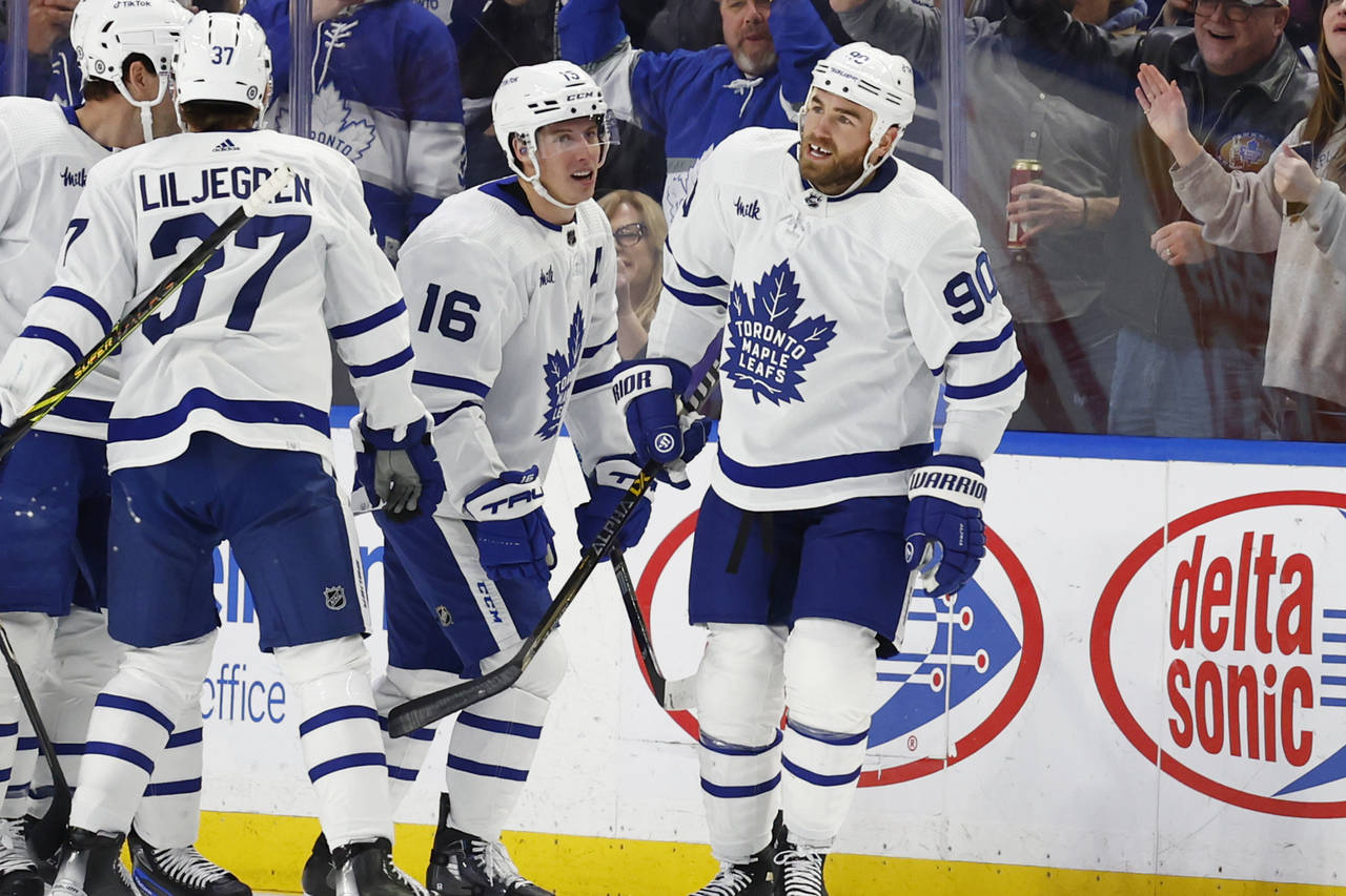 Toronto Maple Leafs center Ryan O'Reilly (90) celebrates his second goal of the night against Buffa...