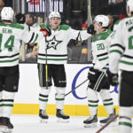 
              The Dallas Stars celebrate a goal against the Vegas Golden Knights during the third period of an NHL hockey game Saturday, Feb. 25, 2023, in Las Vegas. (AP Photo/David Becker)
            