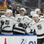 
              Los Angeles Kings right wing Gabriel Vilardi (13) is congratulated after scoring against the New York Islanders during the second period of an NHL hockey game Friday, Feb. 24, 2023, in Elmont, N.Y. (AP Photo/Mary Altaffer)
            