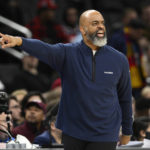
              Washington Wizards head coach Wes Unseld Jr. points during the first half of an NBA basketball game against the Cleveland Cavaliers, Monday, Feb. 6, 2023, in Washington. (AP Photo/Nick Wass)
            