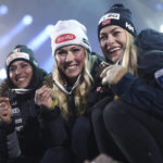 
              From left, silver medal's winner Italy's Federica Brignone, gold medal's winner United States' Mikaela Shiffrin and bronze medal's winner Norway's Ragnhild Mowinckel pose during the medals ceremony for the women's World Championship giant slalom, in Meribel, France, Thursday Feb. 16, 2023. (AP Photo/Gabriele Facciotti)
            