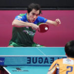 
              Brazil's Hugo Calderano competes against Hibiki Tazoe, during a WTT tournament table tennis match, Sunday, Feb. 12, 2023, in Kawasaki, near Tokyo. Calderano is No. 5 in the sport’s ranking, he reached No. 3 a year ago, and he's defeated many of the top Chinese including No. 1 Fan Zhendong. (AP Photo/Eugene Hoshiko)
            