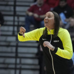 
              Purdue head coach Katie Gearlds shouts during the first half of an NCAA college basketball game against Indiana, Sunday, Feb. 19, 2023, in Bloomington, Ind. (AP Photo/Darron Cummings)
            
