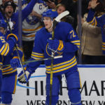 
              Buffalo Sabres center Tage Thompson celebrates his goal during the first period of an NHL hockey game against the Columbus Blue Jackets, Tuesday, Feb. 28, 2023, in Buffalo, N.Y. (AP Photo/Jeffrey T. Barnes)
            