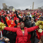 
              Fans celebrate during the Kansas City Chiefs' victory celebration and parade in Kansas City, Mo., Wednesday, Feb. 15, 2023.  The Chiefs defeated the Philadelphia Eagles Sunday in the NFL Super Bowl 57 football game. (AP Photo/Reed Hoffman)
            