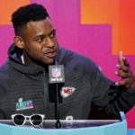 
              Kansas City Chiefs wide receiver JuJu Smith-Schuster speaks to the media during the NFL football Super Bowl 57 opening night, Monday, Feb. 6, 2023, in Phoenix. The Kansas City Chiefs will play the Philadelphia Eagles on Sunday. (AP Photo/Matt York)
            