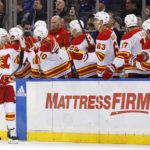 
              Calgary Flames right wing Tyler Toffoli celebrates after scoring a goal against the New York Rangers during the second period of an NHL hockey game, Monday, Feb. 6, 2023, in New York. (AP Photo/Noah K. Murray)
            