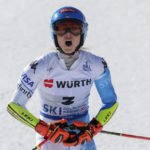 
              United States' Mikaela Shiffrin celebrates after taking gold in an alpine ski World Championships giant slalom, in Meribel, France, Thursday, Feb. 16, 2023. (AP Photo/Alessandro Trovati)
            