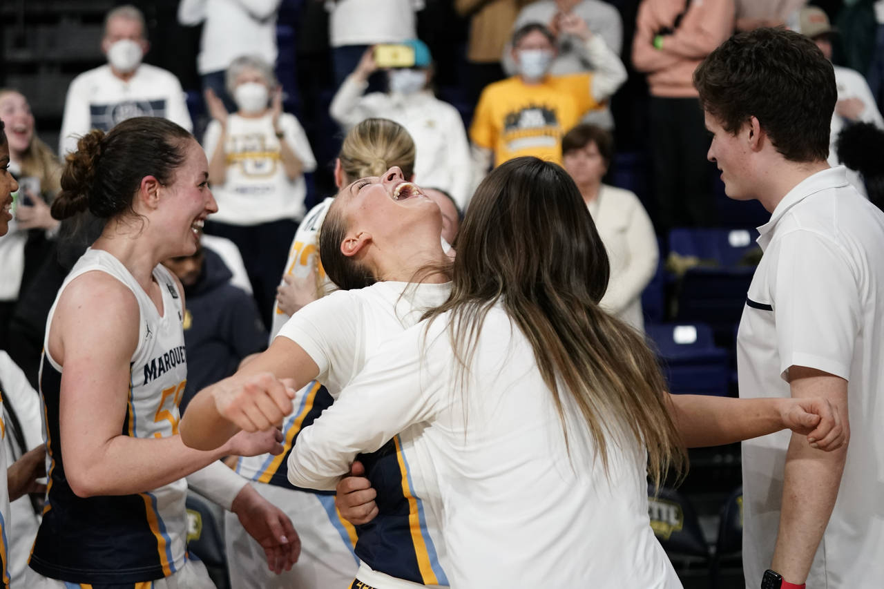 Marquette's Emily La Chapell reacts during after an NCAA college basketball game against UConn Wedn...