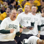 
              Michigan State head coach Tom Izzo yells from the sideline during the second half of an NCAA college basketball game against Michigan, Saturday, Feb. 18, 2023, in Ann Arbor, Mich. (AP Photo/Carlos Osorio)
            