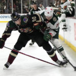 
              Arizona Coyotes defenseman J.J. Moser (90) and Minnesota Wild center Sam Steel battle for the puck in the second period during an NHL hockey game, Monday, Feb. 6, 2023, in Tempe, Ariz. (AP Photo/Rick Scuteri)
            