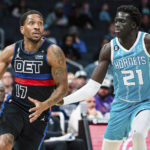 
              Detroit Pistons guard Rodney McGruder (17) drives to the basket while defended by Charlotte Hornets forward JT Thor (21) during the first half of an NBA basketball game in Charlotte, N.C., Monday, Feb. 27, 2023. (AP Photo/Jacob Kupferman)
            