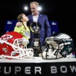 
              NFL Commissioner Roger Goodell poses for a photo with Play 60 Super Kid, Julia Crossly of Arizona, after a news conference ahead of the Super Bowl 57 football game, Wednesday, Feb. 8, 2023, in Phoenix. The Kansas City Chiefs will play the Philadelphia Eagles on Sunday. (AP Photo/Mike Stewart)
            