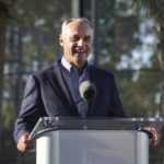 
              MLB Commissioner Rob Manfred speaks to the media and answers questions during baseball spring training in Dunedin, Fla., Thursday, Feb. 16, 2023. (Nathan Denette/The Canadian Press via AP)
            