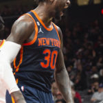 
              New York Knicks forward Julius Randle reacts after scoring during the second half of an NBA basketball game against the Atlanta Hawks, Wednesday, Feb. 15, 2023, in Atlanta. (AP Photo/Hakim Wright Sr.)
            