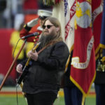 
              Chris Stapleton sings the national anthem before the NFL Super Bowl 57 football game between the Kansas City Chiefs and the Philadelphia Eagles, Sunday, Feb. 12, 2023, in Glendale, Ariz. (AP Photo/Godofredo A. Vasquez)
            