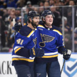 
              St. Louis Blues' Tyler Tucker, right, celebrates with Robert Bortuzzo (41) after scoring his first NHL goal against the Vancouver Canucks during the second period of an NHL hockey game Thursday, Feb. 23, 2023, in St. Louis. (AP Photo/Jeff Le)
            