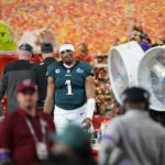 
              Philadelphia Eagles quarterback Jalen Hurts (1) reacts after their loss against the Kansas City Chiefs in the NFL Super Bowl 57 football game, Sunday, Feb. 12, 2023, in Glendale, Ariz. Kansas City Chiefs defeated the Philadelphia Eagles 38-35. (AP Photo/Ross D. Franklin)
            