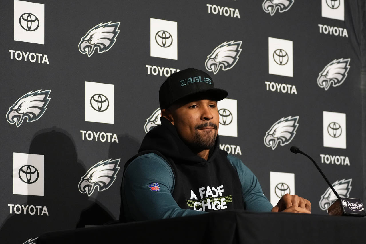 Philadelphia Eagles' Jalen Hurts pauses during a news conference at the NFL football team's trainin...