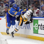 
              St. Louis Blues left wing Sammy Blais (79) checks Pittsburgh Penguins defenseman Marcus Pettersson (28) during the second period of an NHL hockey game, Saturday, Feb. 25, 2023, in St. Louis. (AP Photo/Jeff Le)
            