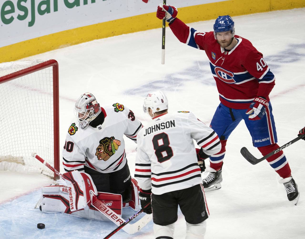 Montreal Canadiens' Joel Armia (40) celebrates a goal against Chicago Blackhawks goaltender Jaxson ...