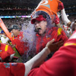 
              Kansas City Chiefs head coach Andy Reid gets dunked after their win against the Philadelphia Eagles at the NFL Super Bowl 57 football game, Sunday, Feb. 12, 2023, in Glendale, Ariz. Kansas City Chiefs defeated the Philadelphia Eagles 38-35. (AP Photo/Matt Slocum)
            