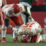 
              Kansas City Chiefs quarterback Patrick Mahomes (15) reacts after getting hurt during the first half of the NFL Super Bowl 57 football game between the Kansas City Chiefs and the Philadelphia Eagles, Sunday, Feb. 12, 2023, in Glendale, Ariz. (AP Photo/Abbie Parr)
            