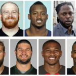 
              FILE - This combo of file photos, shows former 9 of the 10 retired NFL football players, who have  accused the league of lies, bad faith and flagrant violations of federal law in denying disability benefits in a potential class action lawsuit filed Thursday, Feb. 9, 2023, in Baltimore. The men say they left the game with lingering physical or cognitive injuries that make their daily lives difficult if not excruciating. They are, top row from left, Jay Alford, Daniel Loper, Willis McGahee, Mike McKenzie, Jamize, Olawale, bottom row from left, Alex Parsons, Eric Smith, Charles Sims and Joey Thomas. Lanze Zeno is not shown.  (AP Photo/File)
            