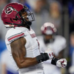 LEXINGTON, KENTUCKY - OCTOBER 08: MarShawn Lloyd #1 of the South Carolina Gamecocks celebrates after scoring a touchdown in the first quarter against the Kentucky Wildcats at Kroger Field on October 08, 2022 in Lexington, Kentucky. (Photo by Dylan Buell/Getty Images)