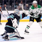 SEATTLE, WASHINGTON - MARCH 11: Philipp Grubauer #31 of the Seattle Kraken makes a save against Joe Pavelski #16 of the Dallas Stars during the first period at Climate Pledge Arena on March 11, 2023 in Seattle, Washington. (Photo by Steph Chambers/Getty Images)