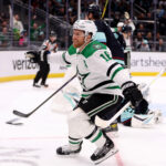 SEATTLE, WASHINGTON - MARCH 11: Joe Pavelski #16 of the Dallas Stars celebrates his goal during the third period against the Seattle Kraken at Climate Pledge Arena on March 11, 2023 in Seattle, Washington. (Photo by Steph Chambers/Getty Images)
