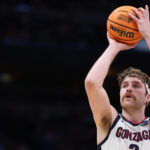 DENVER, COLORADO - MARCH 17: Drew Timme #2 of the Gonzaga Bulldogs attempts a free throw against the Grand Canyon Antelopes during the second half in the first round of the NCAA Men's Basketball Tournament at Ball Arena on March 17, 2023 in Denver, Colorado. (Photo by Sean M. Haffey/Getty Images)
